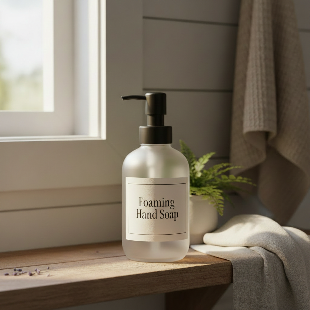 4oz frosted clear glass foaming hand soap bottle with matte black pump
