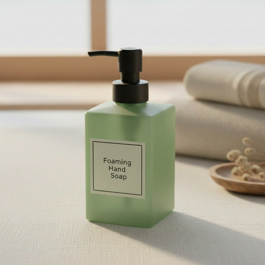 8oz square sage green glass foaming hand soap bottle with matte black pump