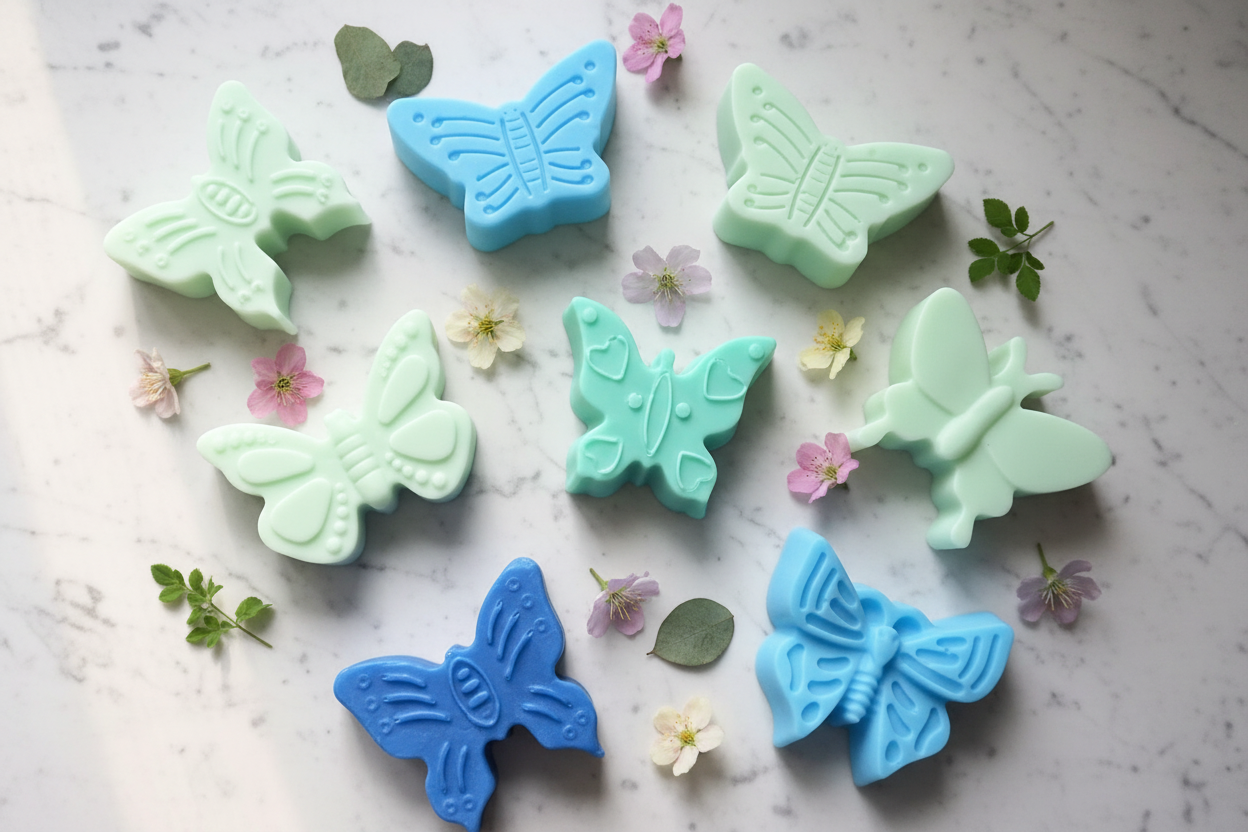 Butterfly soaps overhead on marble
