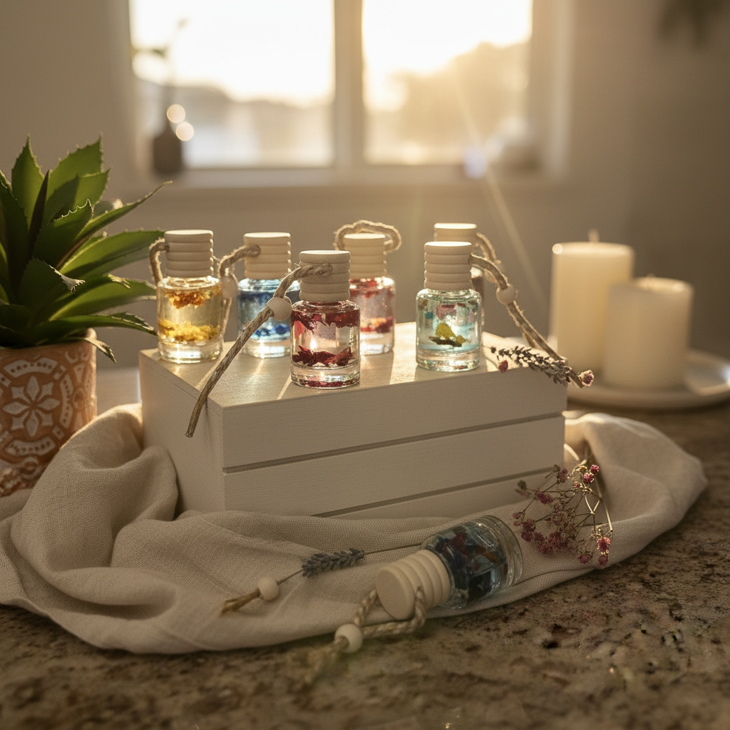 Cozy lifestyle car diffusers on wooden crate