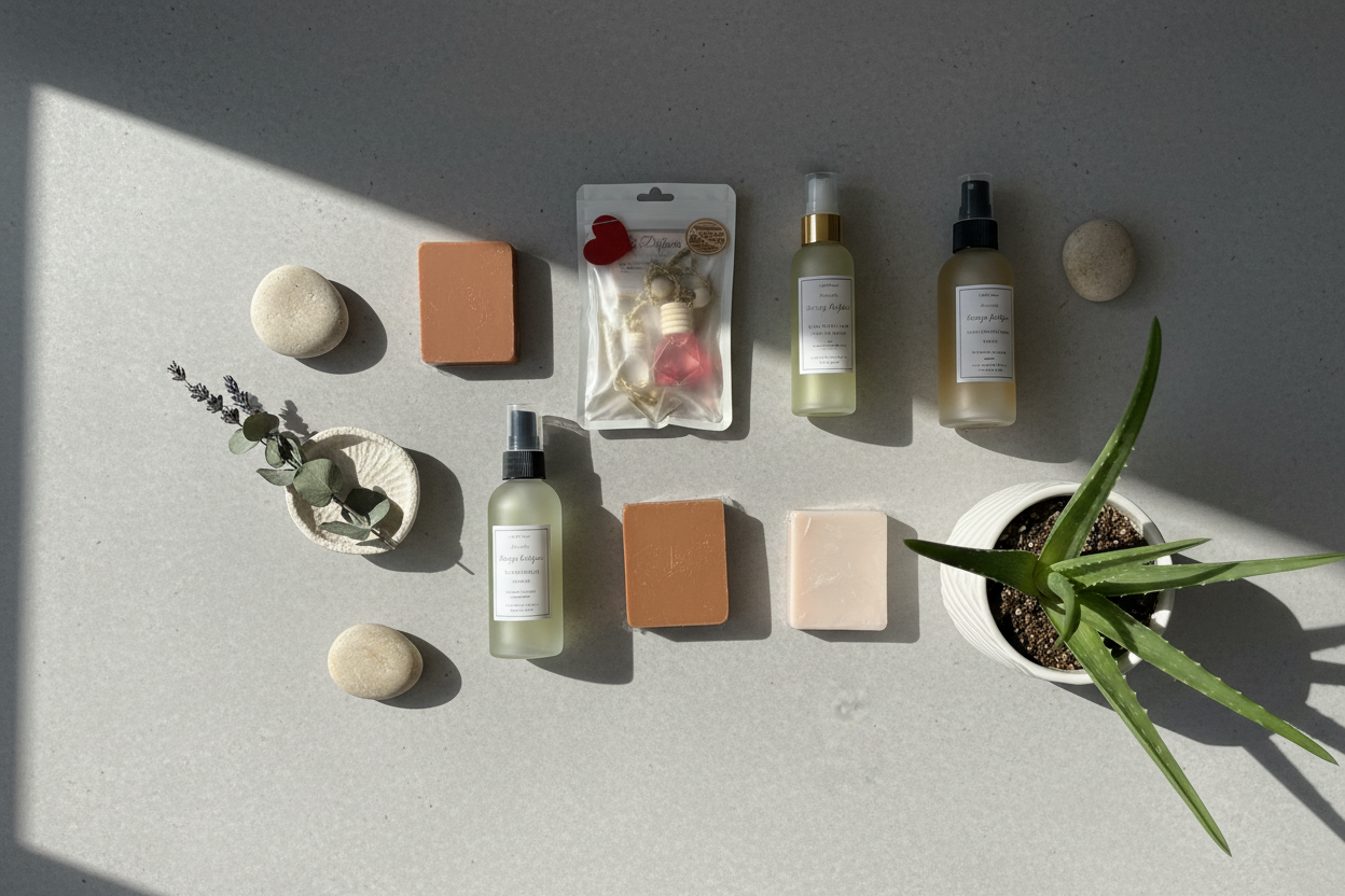 Handmade products flat lay on concrete counter