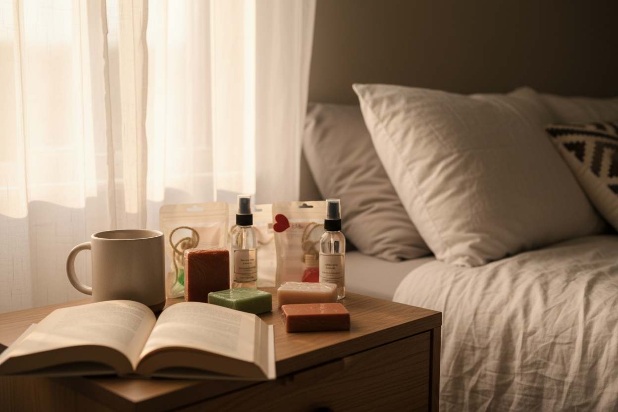 Handmade products on bedroom nightstand with golden hour light