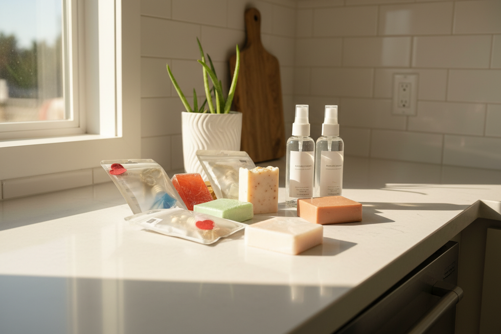 Handmade products on counter with natural lighting
