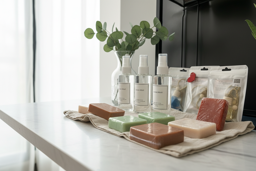 Handmade products on white marble with natural light