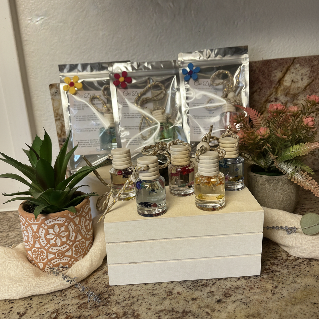 Handmade car diffusers on wooden crate with plants