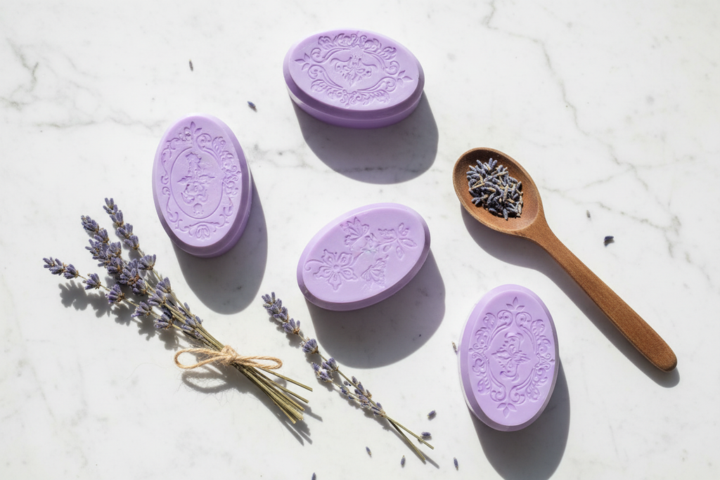 Lavender soaps flat lay on marble