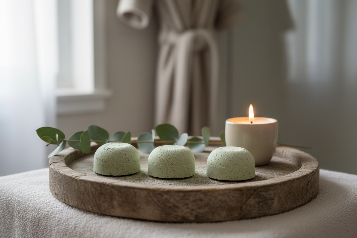 Shower Steamers on Wooden Tray