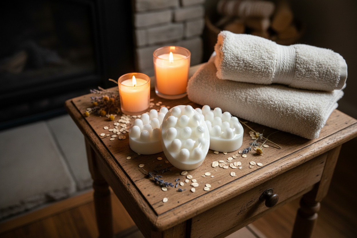 Three Oatmeal Massage Bars on Vintage Table